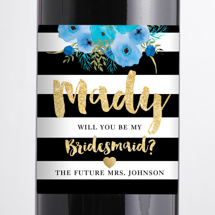 "Mady" Blue Blooms Bridesmaid Proposal Wine Labels