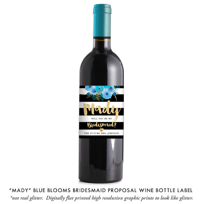 "Mady" Blue Blooms Bridesmaid Proposal Wine Labels