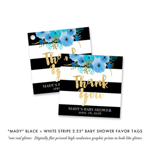 "Mady" Black + White Stripe Blue Flowers Baby Shower Invitation