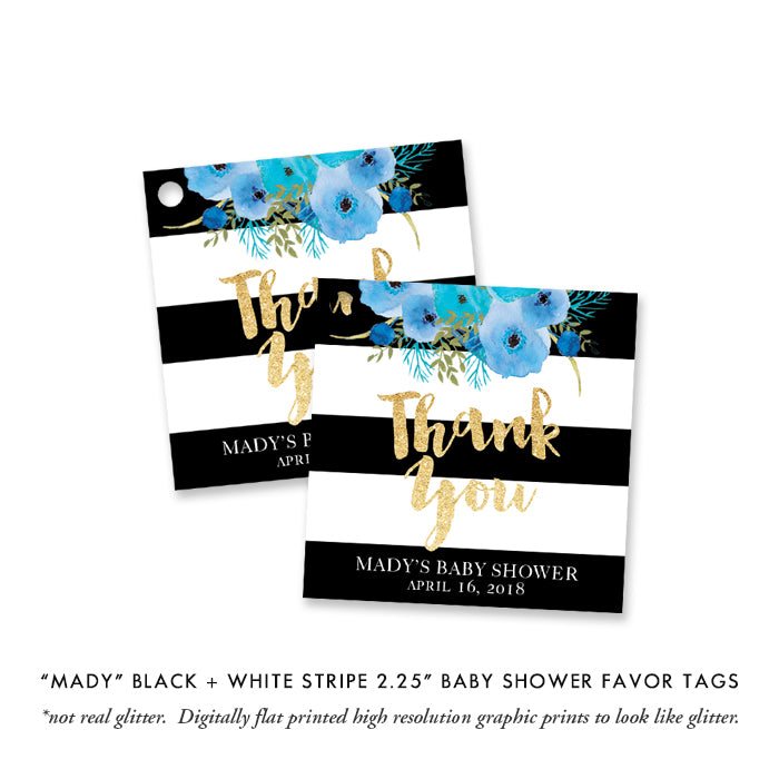 "Mady" Black + White Stripe Blue Flowers Baby Sprinkle Invitation