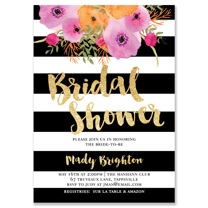 Elegant Floral Pink and Gold Bridal Shower Invitations with black and white stripes, chic gold glitter, and pink flowers