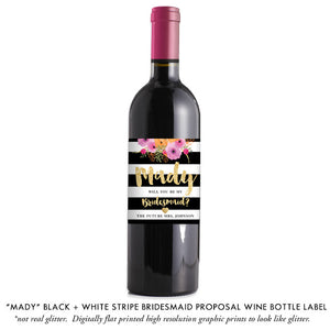 "Mady" Black + White Stripe Bridesmaid Proposal Wine Labels