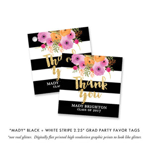 "Mady" Black + White Stripe Graduation Favor Tags