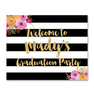 "Mady" Black + White Stripe Graduation Party Welcome Sign