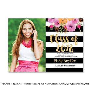 "Mady" Black + White Stripe Graduation Announcement