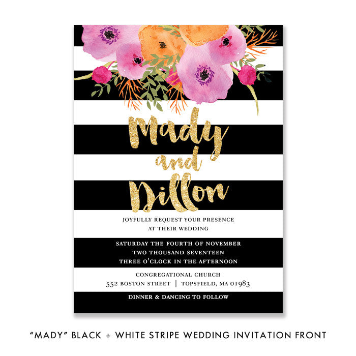 "Mady" Black + White Stripe Wedding Invitation