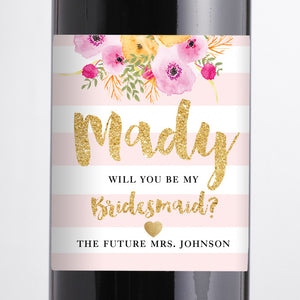 "Mady" Blush Pink Stripe Bridesmaid Proposal Wine Labels
