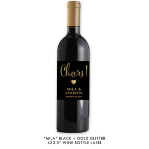Black + gold glitter "Mila" waterproof wine label | digibuddha.com