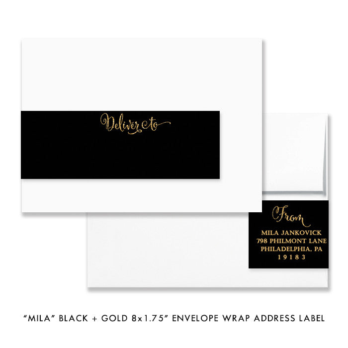 Black + gold glitter "Mila" envelope wrap address label | digibuddha.com