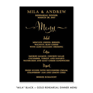 Black + Gold glitter "Mila" rehearsal dinner menu | digibuddha.com