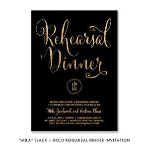 Black + Gold glitter "Mila" rehearsal dinner invitations | digibuddha.com