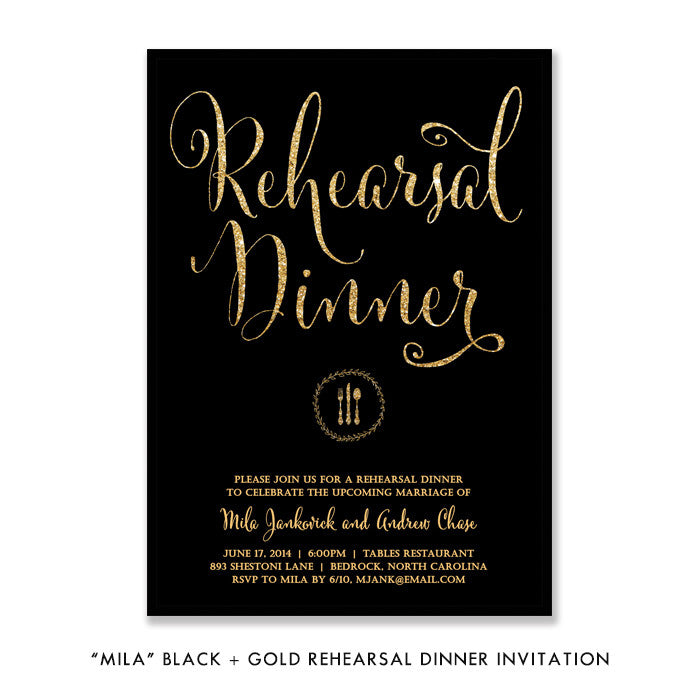Black + Gold glitter "Mila" rehearsal dinner invitations | digibuddha.com