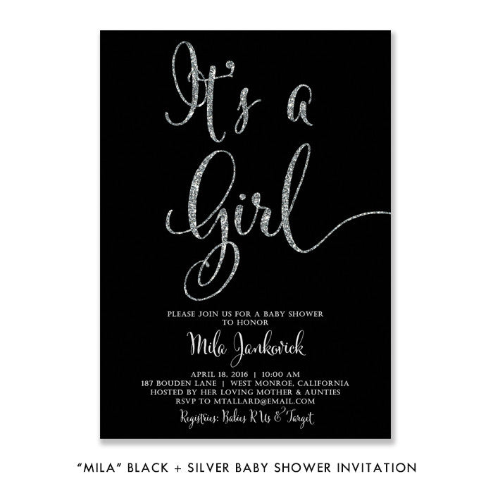 "Mila" Black + Silver Glitter Baby Shower Invitation