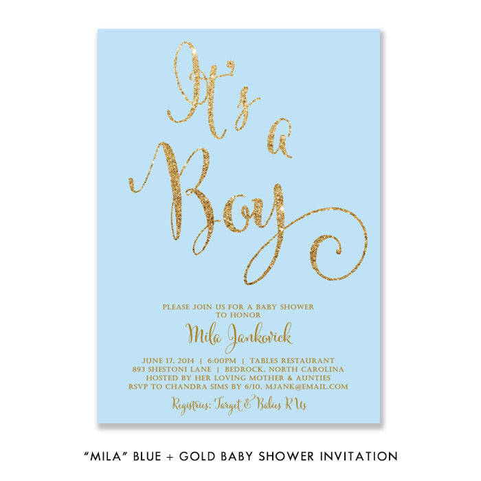 "Mila" Blue + Gold Glitter Baby Shower Invitation