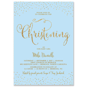 "Mila" Blue + Gold Glitter Christening Invitation