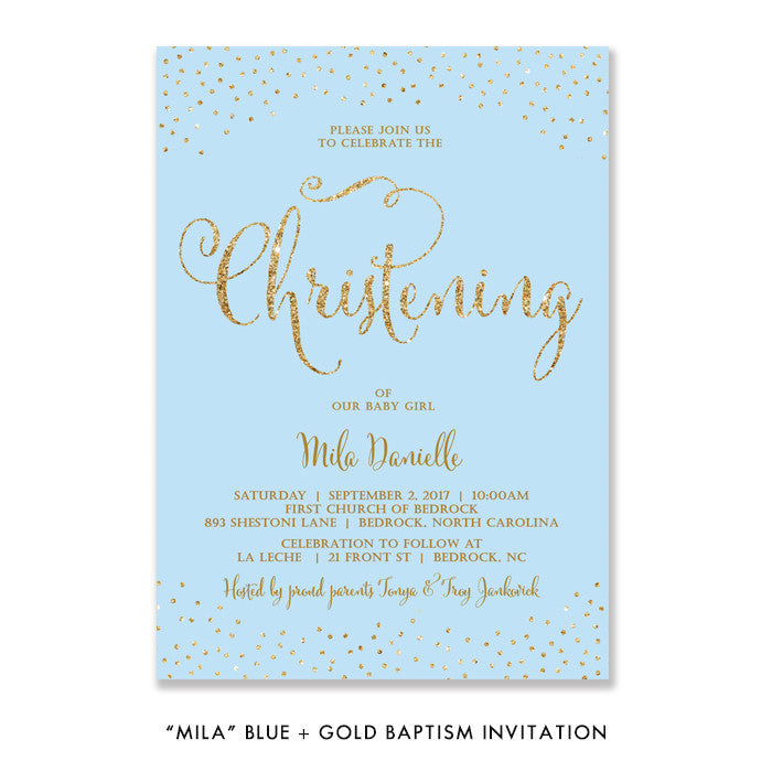 "Mila" Blue + Gold Glitter Christening Invitation