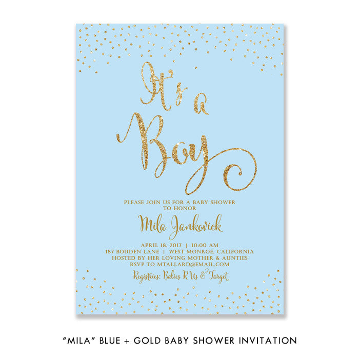 "Mila" Blue + Gold Glitter Baby Shower Invitation