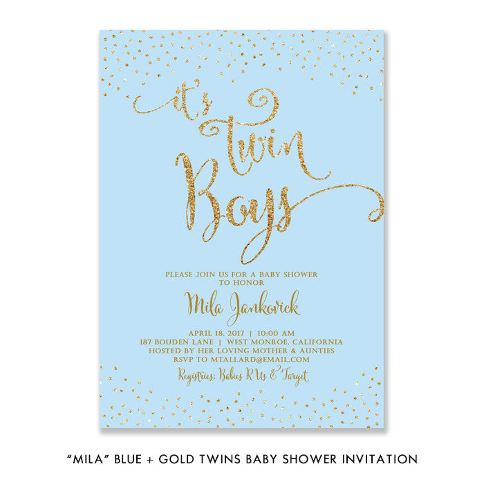 "Mila" Blue + Gold Twins Baby Shower Invitation
