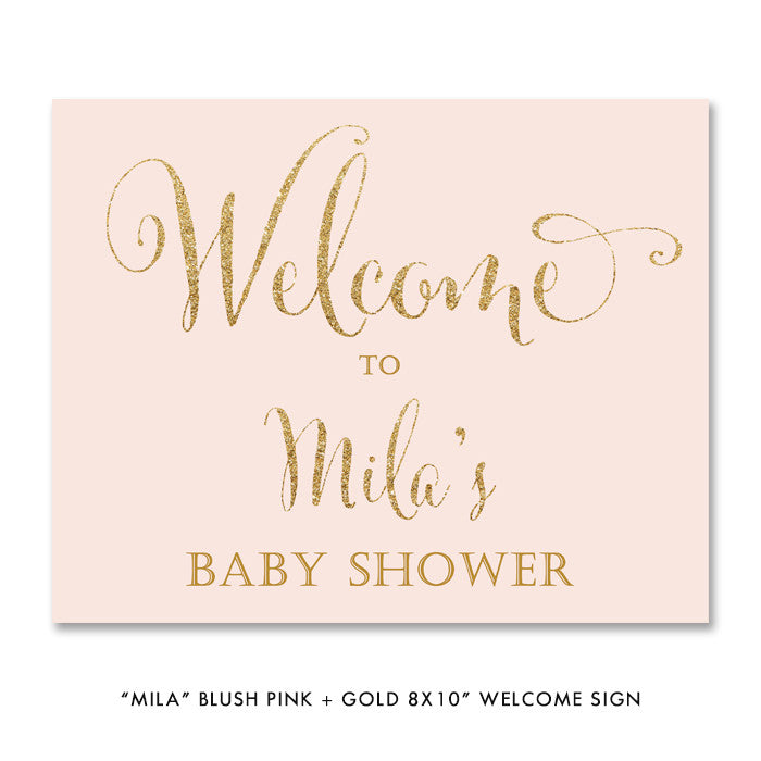 Blush pink + gold "Mila" baby shower welcome party sign | digibuddha.com
