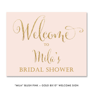 blush pink and gold glitter look "Mila" style bridal shower welcome sign from digibuddha.com