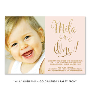 "Mila" Blush + Gold Photo Kids Birthday Invitation