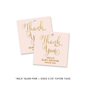 Blush pink and gold glitter "Mila" baby shower favor tags | digibuddha.com
