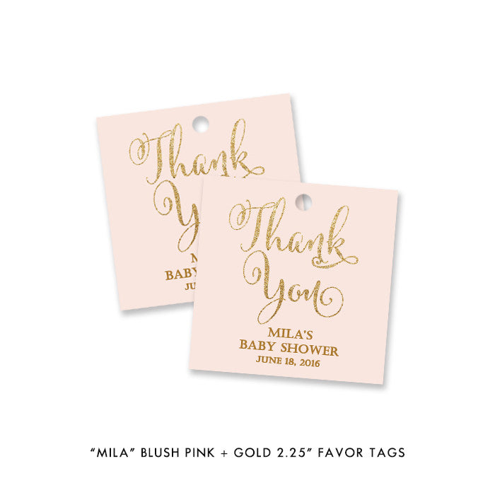 Blush pink and gold glitter "Mila" baby shower favor tags | digibuddha.com