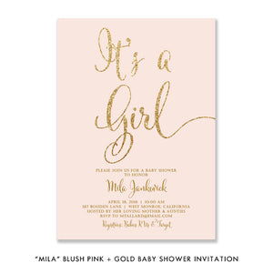 Blush pink + gold glitter It's A Girl! "Mila" baby shower invitation | digibuddha.com