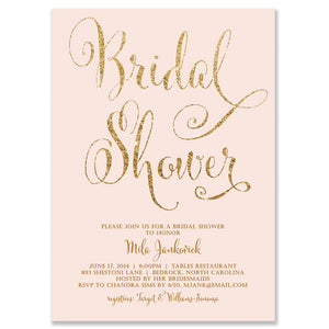 Modern Blush Pink and Gold Script Bridal Shower Invitation, with a chic design with gold script on a blush pink background.