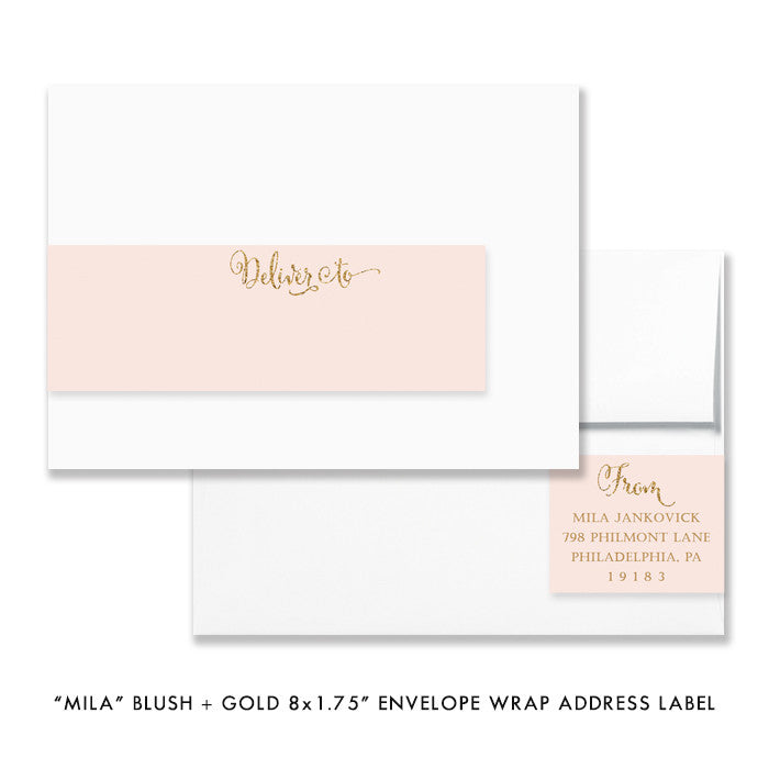 blush pink and gold glitter look "Mila" envelope wrap address labels by digibuddha.com