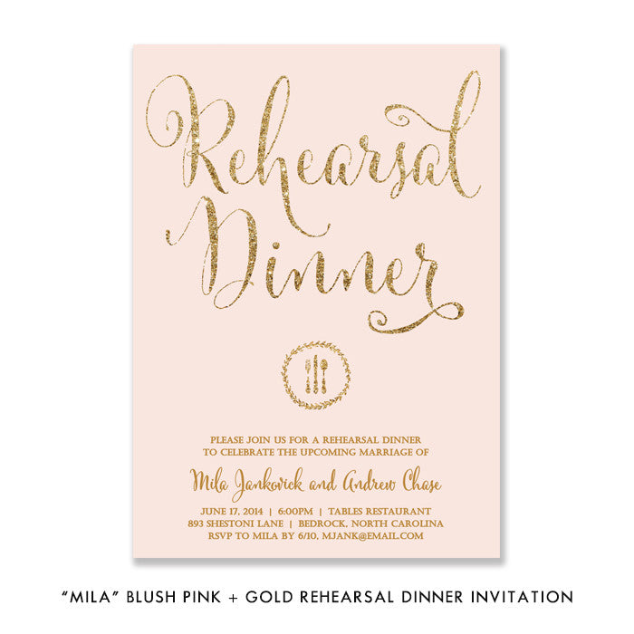 Blush pink + gold glitter "Mila" boho chic glam rehearsal dinner invitations | digibuddha.com