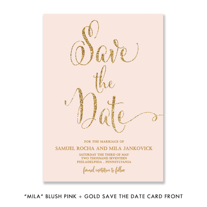 Blush pink + gold glitter "Mila" save the date card front | digibuddha.com
