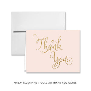 blush pink and gold glitter "Mila" style folded A2 thank you cards from digibuddha.com