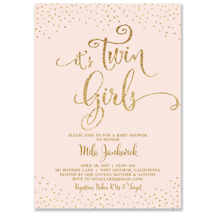 "Mila" Blush + Gold Glitter Twins Baby Shower Invitation