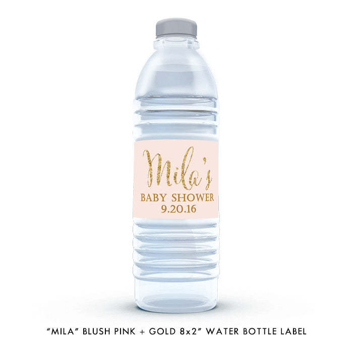 Blush pink + gold glitter "Mila" waterproof water bottle labels | digibuddha.com