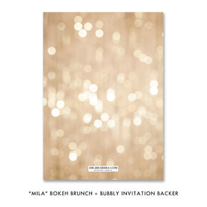 Chic bokeh champagne brunch and bubbly bridal shower invitation with elegant black script font and sparkling design
