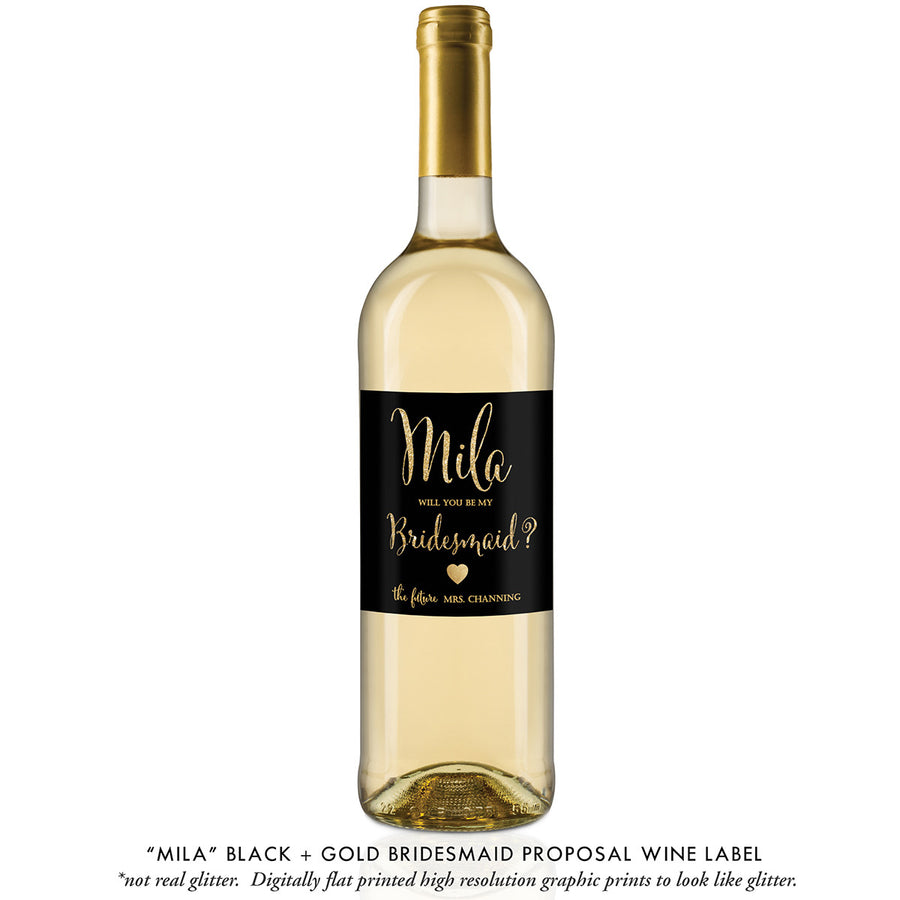 "Mila" Black + Gold Glitter Bridesmaid Proposal Wine Labels