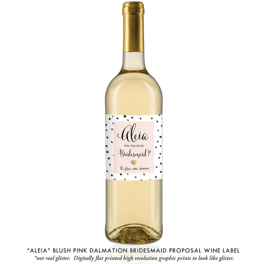 "Aleia" Blush Pink Dalmation Bridesmaid Proposal Wine Labels