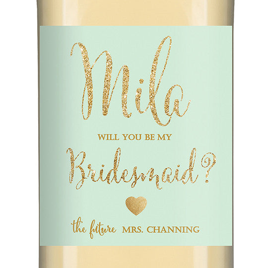 "Mila" Mint + Gold Glitter Bridesmaid Proposal Wine Labels