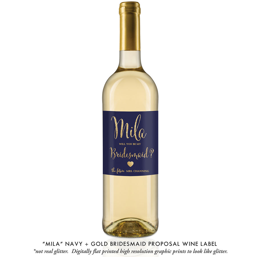 "Mila" Navy + Gold Glitter Bridesmaid Proposal Wine Labels
