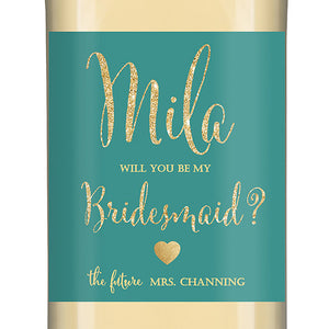 "Mila" Turquoise + Gold Glitter Bridesmaid Proposal Wine Labels