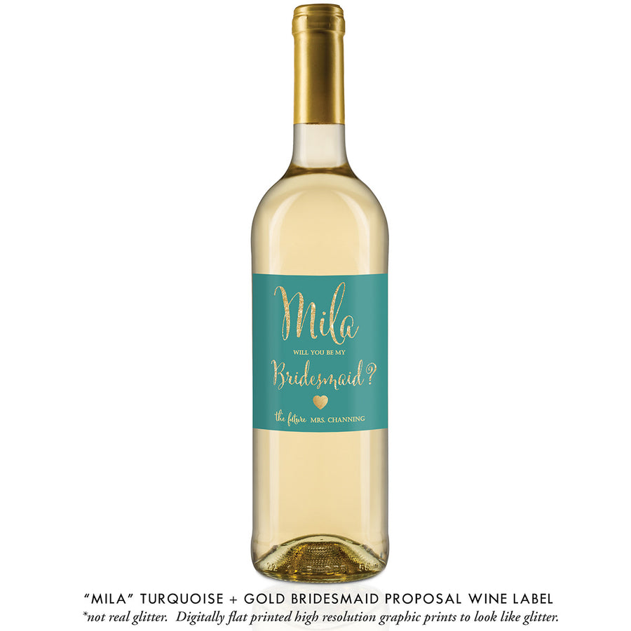 "Mila" Turquoise + Gold Glitter Bridesmaid Proposal Wine Labels