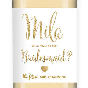 "Mila" White + Gold Glitter Bridesmaid Proposal Wine Labels