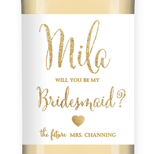 "Mila" White + Gold Glitter Bridesmaid Proposal Wine Labels