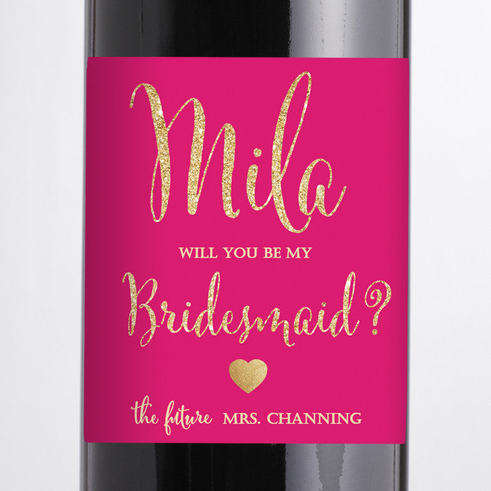"Mila" Hot Pink + Gold Bridesmaid Proposal Wine Labels