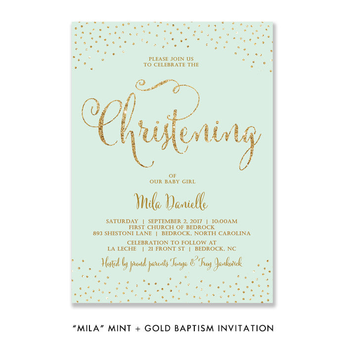 "Mila" Mint + Gold Glitter Christening Invitation