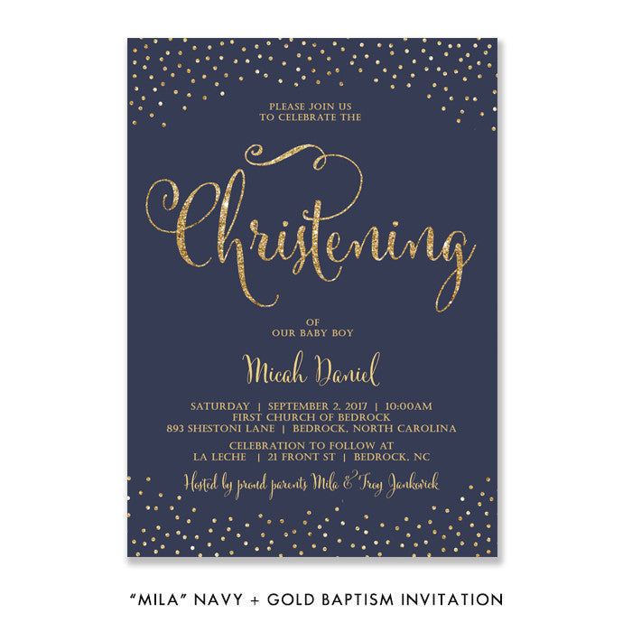 "Mila" Navy + Gold Glitter Christening Invitation