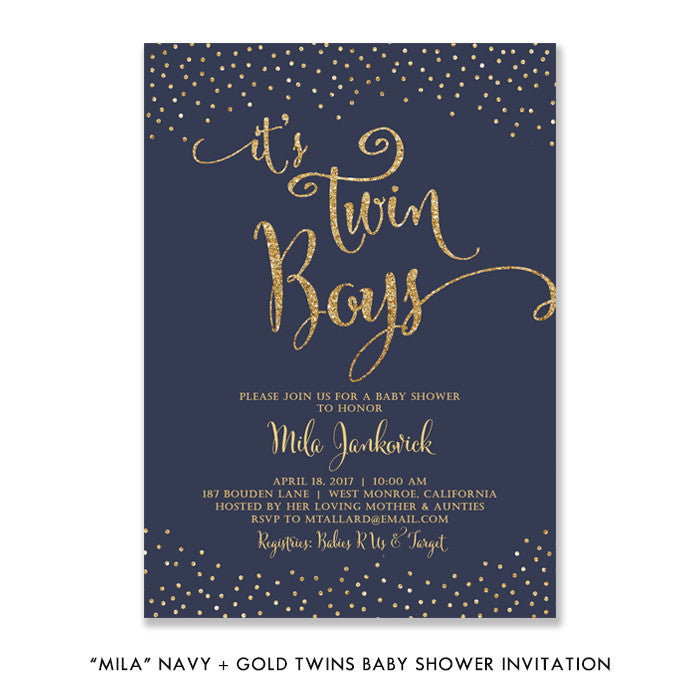 "Mila" Navy + Gold Twins Baby Shower Invitation