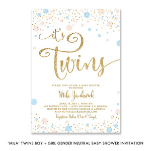 "Mila" Twins Boy + Girl Gender Neutral Baby Shower Invitation