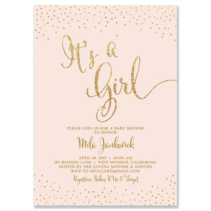 "Mila" Blush + Gold Glitter Baby Shower Invitation